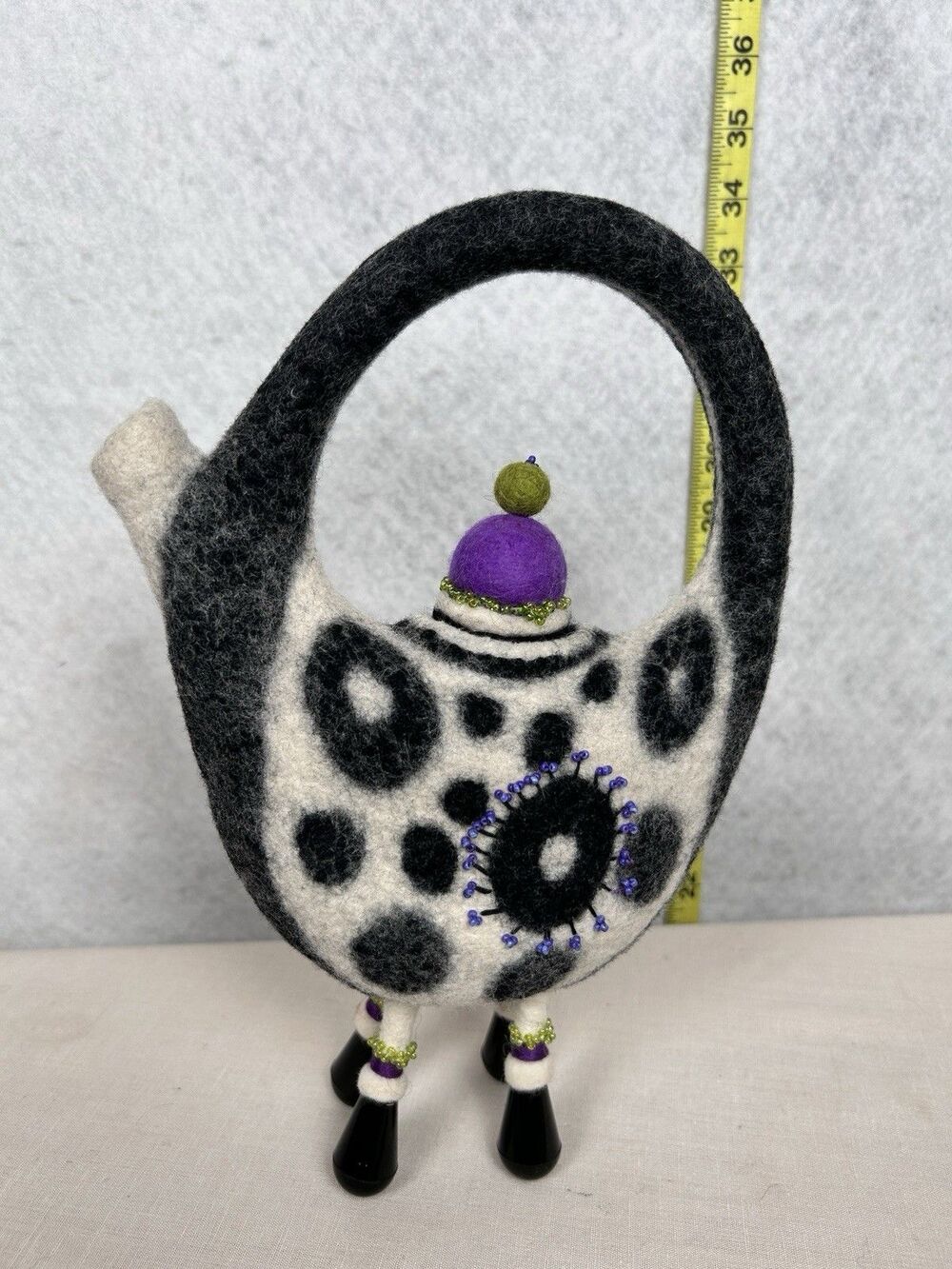 Felt Fiber artist/teacher Pam MacGregor handmade black & white felt-art teapot